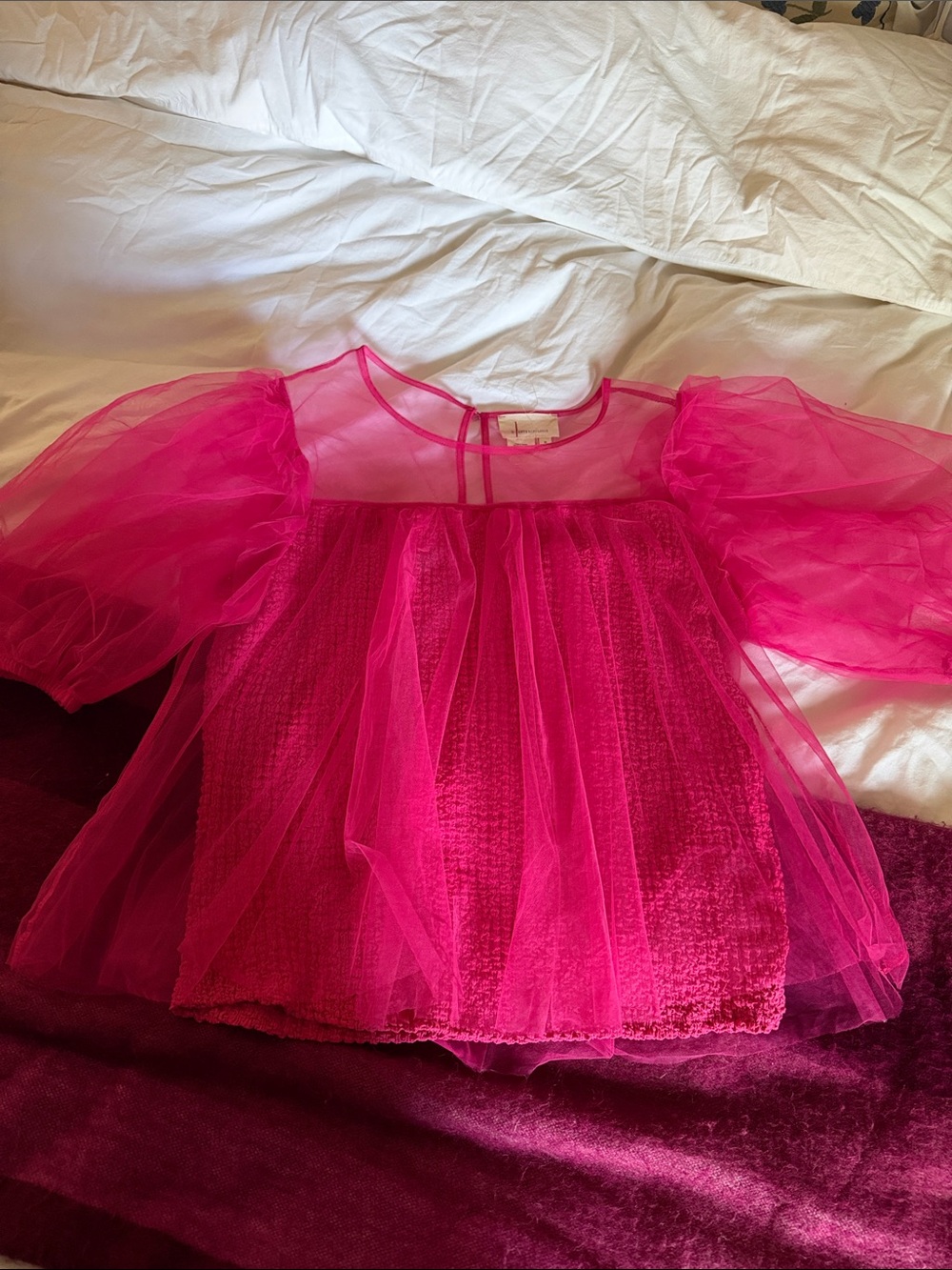 Anthropologie Vibrant Fuchsia Sheer Puff-Sleeve Top
